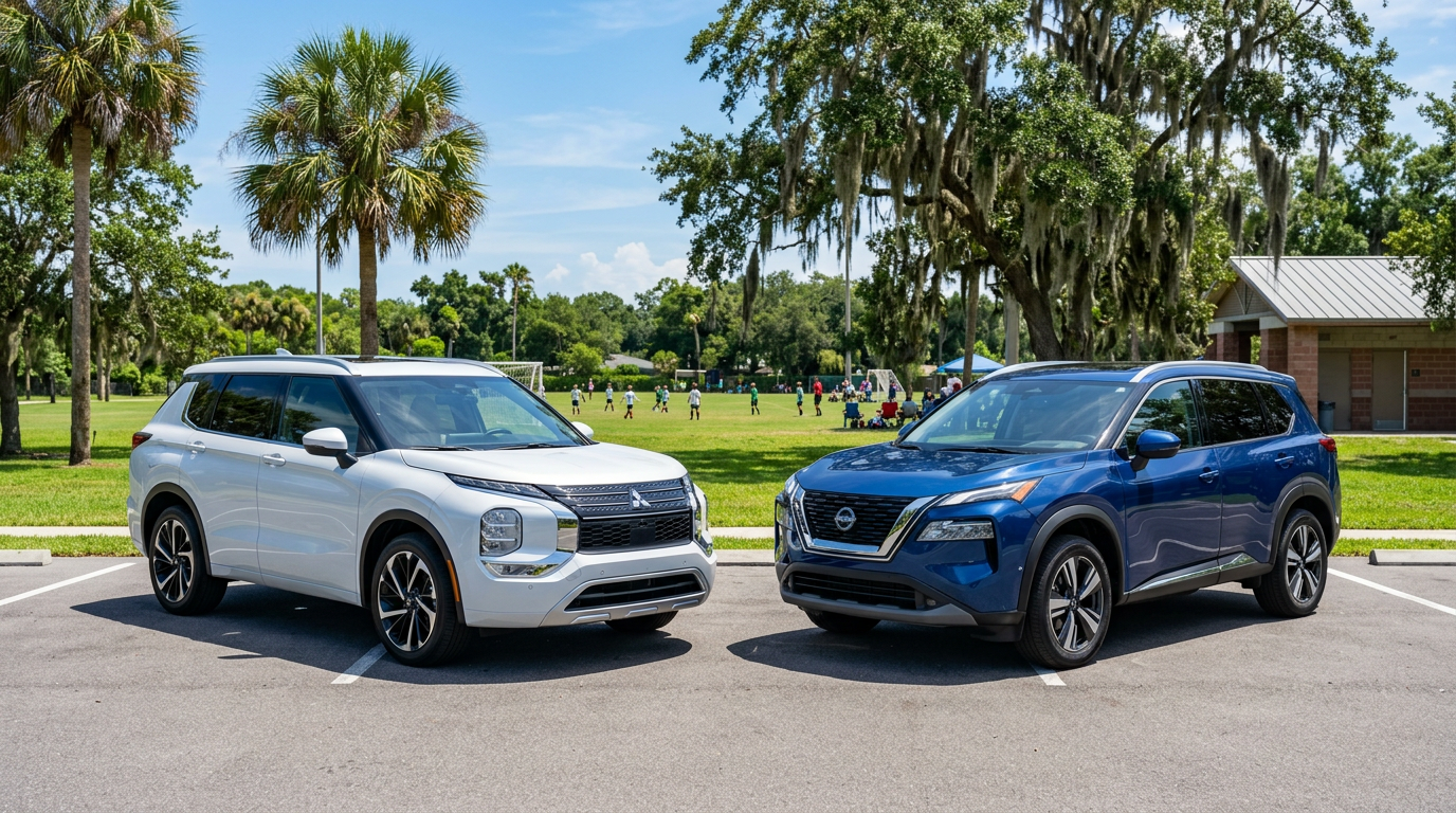 A white Mitsubishi Outlander and a blue Nissan Rogue are parked side-by-side near a sunny community park.
