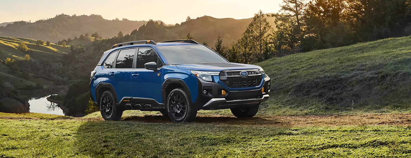 2027 Subaru Forester Wilderness Hybrid in blue parked on a grassy hillside at sunset