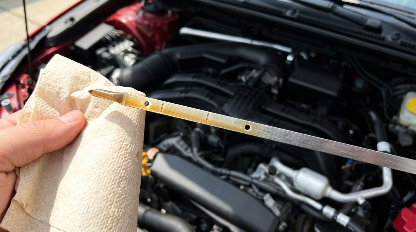 An oil dipstick being checked for proper oil levels