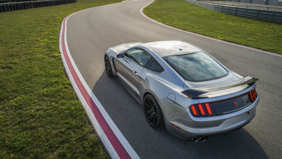 high angle rear view of a silver 2020 Ford Mustang Shelby GT350R