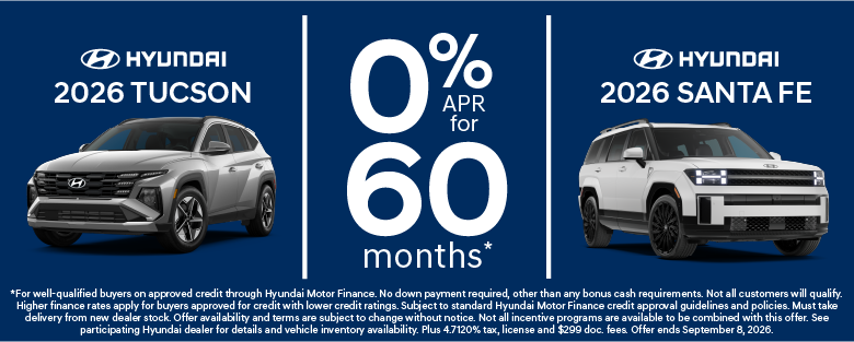 0% apr for 60 months on Tucson and Santa Fe