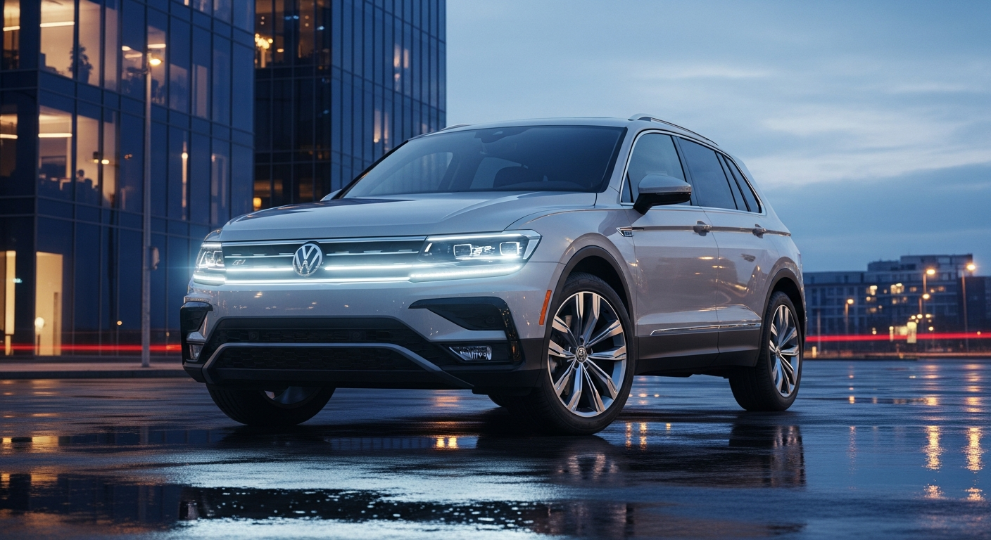 Compact SUV driving at sunset on a scenic highway