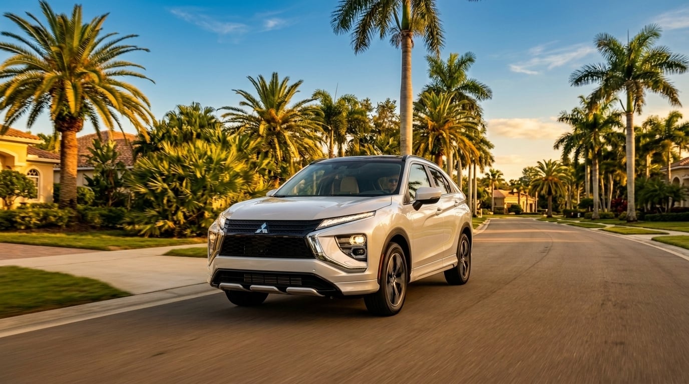A modern white Mitsubishi SUV drives down a quiet, palm-lined residential street in the warm glow of late afternoon.