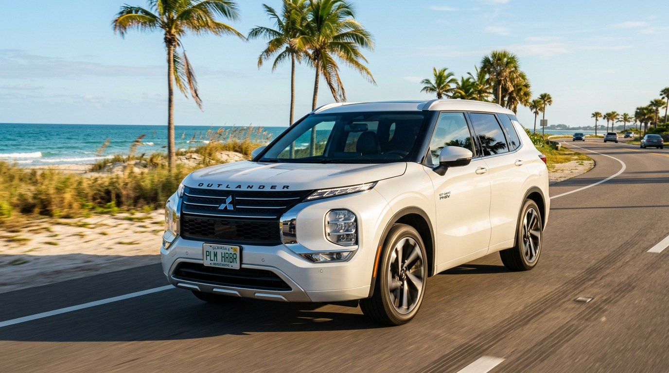 White Mitsubishi Outlander driving on a scenic coastal road next to palm trees and the ocean.