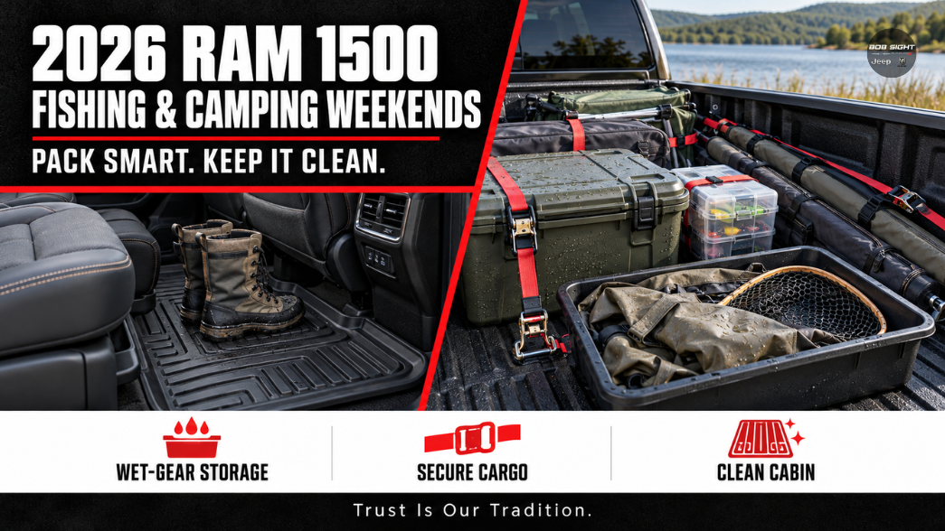 2026 Ram 1500 fishing and camping guide showing secured truck-bed gear and protective cabin floor mats for Kansas weekend trips.
