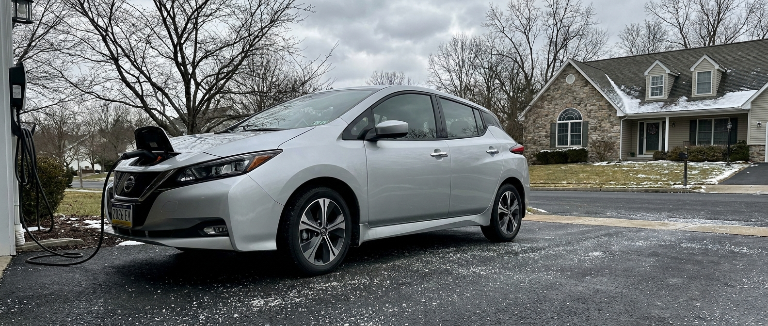 2026 Nissan Leaf plugged into a home Level 2 charger on a winter morning in Bucks County, PA