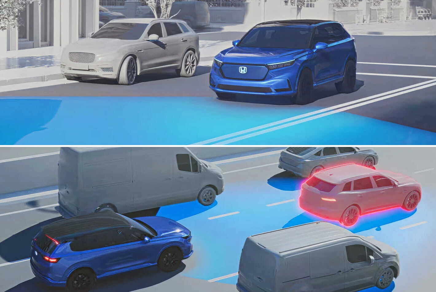 A blue car on a street next to a gray car emits a bright blue light. Below, multiple vehicles on the road, with one car highlighted in red. Futuristic, tech-focused mood.