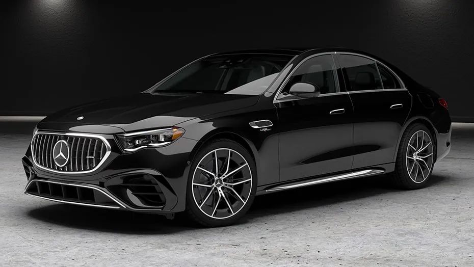 2026 Mercedes-AMG E 53 HYBRID sedan in black, three-quarter front view