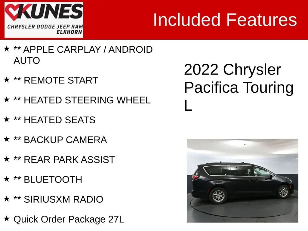 Used 2022 Chrysler Pacifica Touring L with VIN 2C4RC1BG1NR167690 for sale in Elkhorn, WI