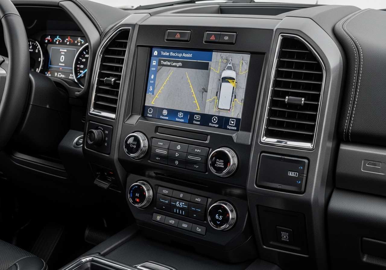Ford truck interior display showing trailer backup assist and towing controls