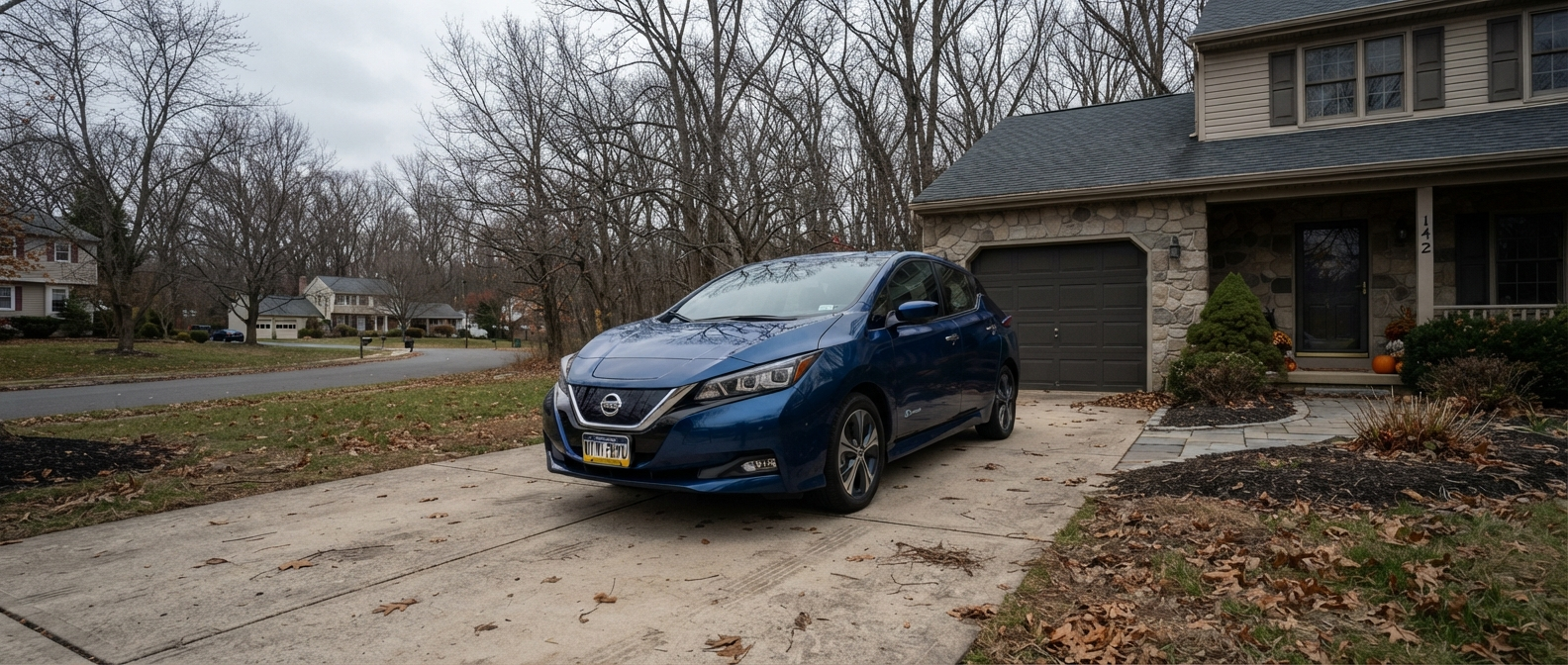 2026 Nissan LEAF crossover EV in a Bucks County, PA suburban driveway in late fall, ready for trade-in appraisal before winter