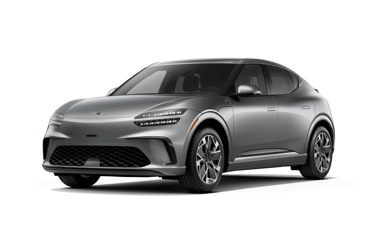Silver Genesis GV60 shown from a front three-quarter angle.