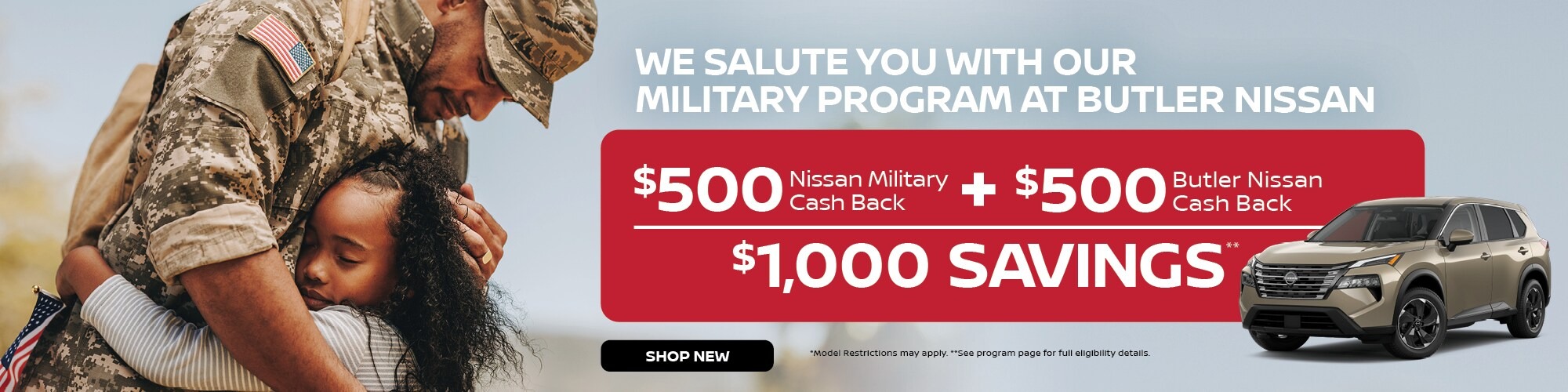 Butler Nissan Military Program featuring up to $1,000 in savings through Nissan Military Cash Back and Butler Nissan Cash Back offer
