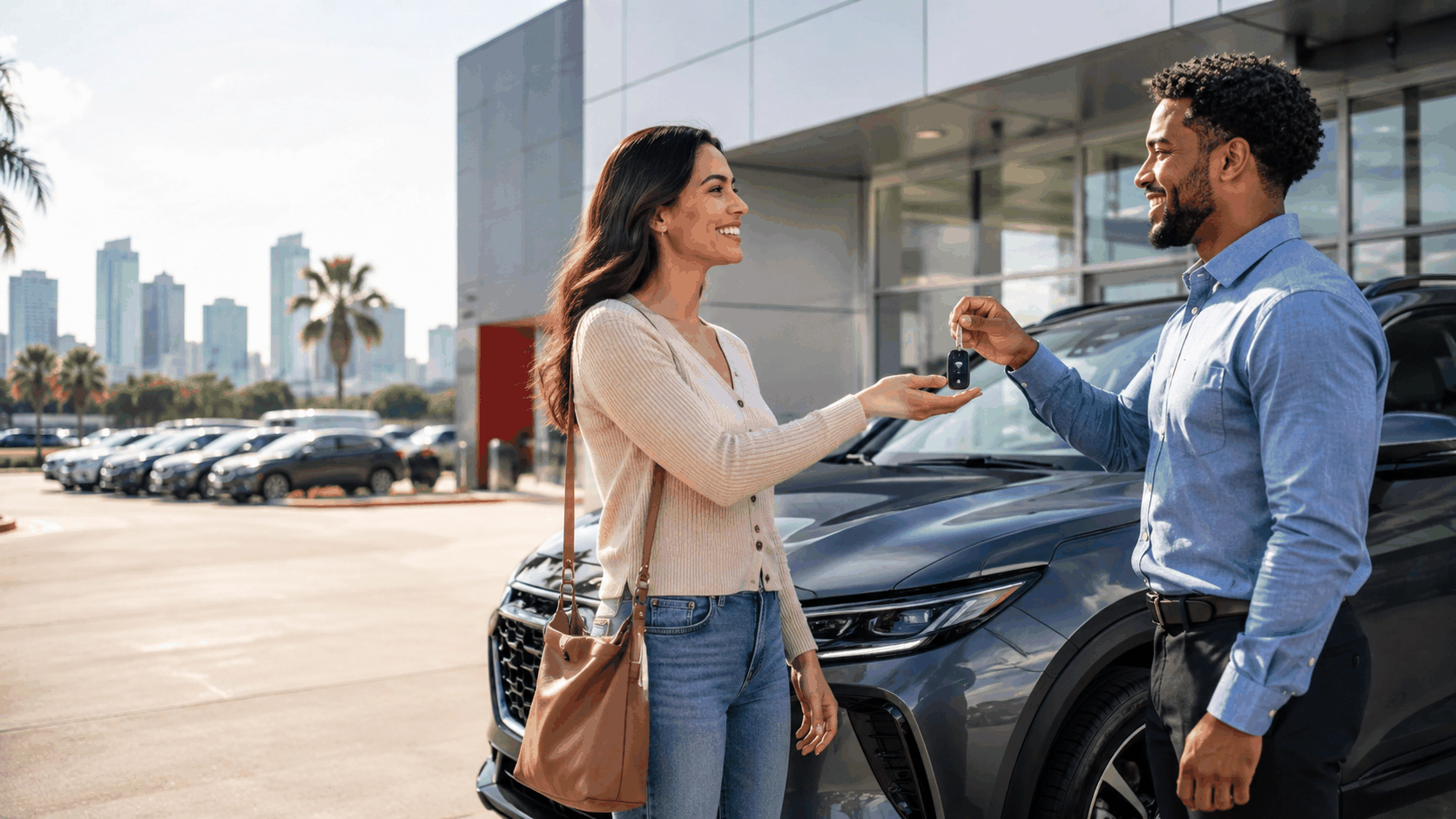 Customer receiving vehicle keys at Baker Nissan in Houston, Texas