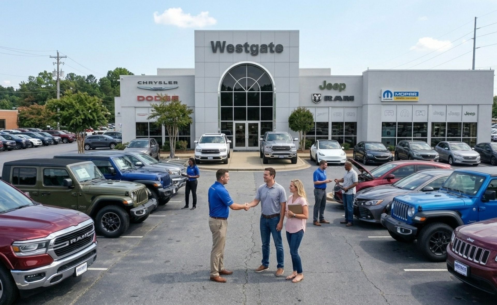 A car salesman in a blue polo shirt shaking hands with a couple buying a car in the outdoor inventory lot in front of the Westgate Chrysler Jeep Dodge Ram dealership building in Raleigh.