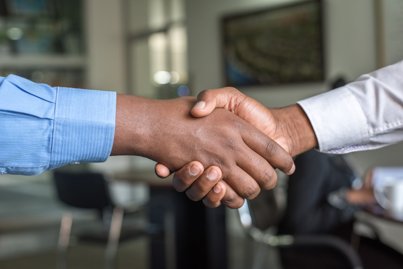 Customer and sales advisor shaking hands at dealership