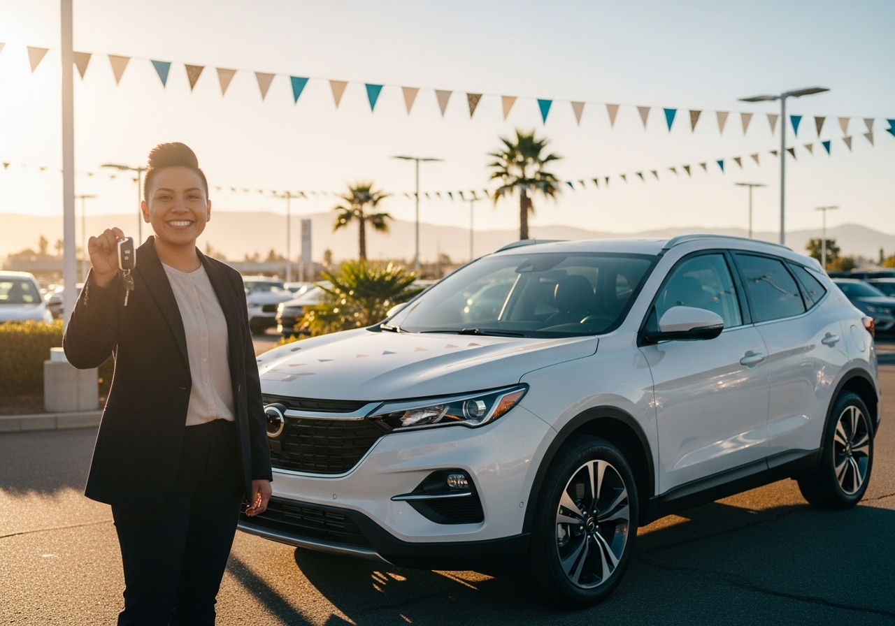 Smiling customer in front of their new SUV