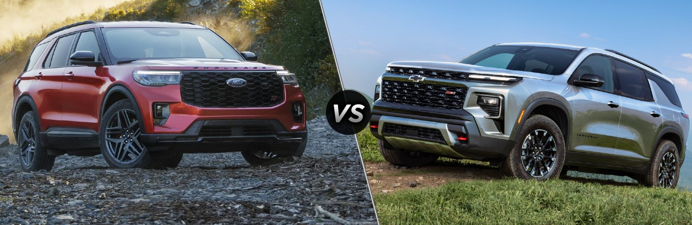 Red 2025 Ford Explorer ST on Rocky Trail vs Gray 2024 Chevy Traverse Z71 on Grass Trail