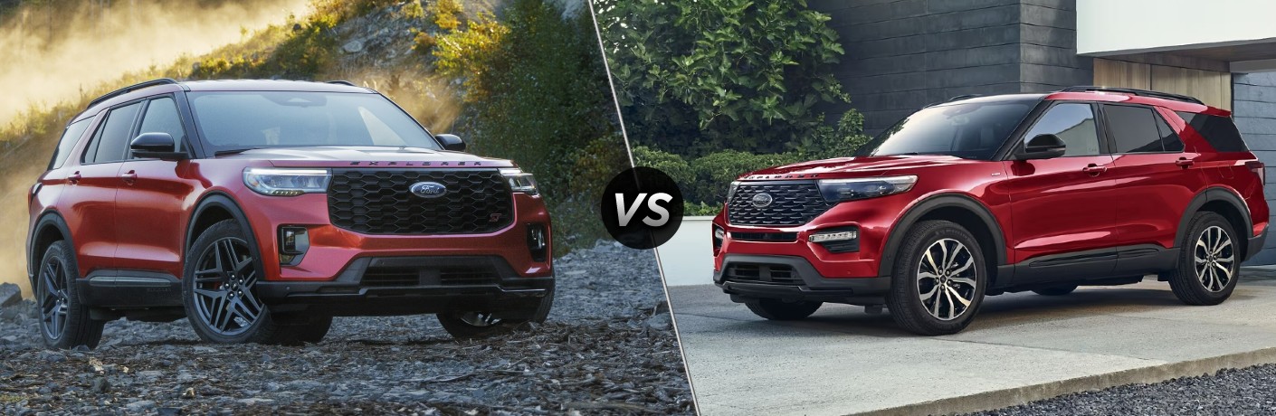 Red 2025 Ford Explorer ST on a Trail vs Red 2024 Ford Explorer ST in a Driveway