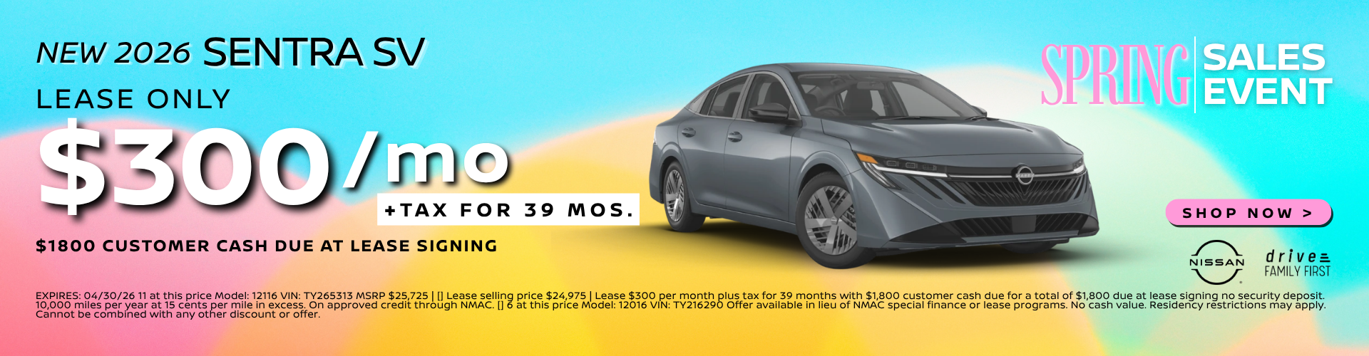 2026 Sentra SV Lease $300/mo $1800 customer cash due offer