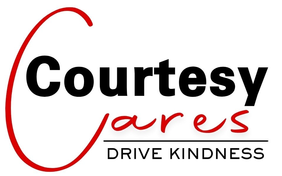 Courtesy Cares Drive Kindness logo in red script and black lettering