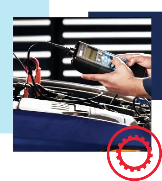 Certified experts. Mechanic with battery tester connected to vehicle. Red icon in lower-right corner of gear in circle.