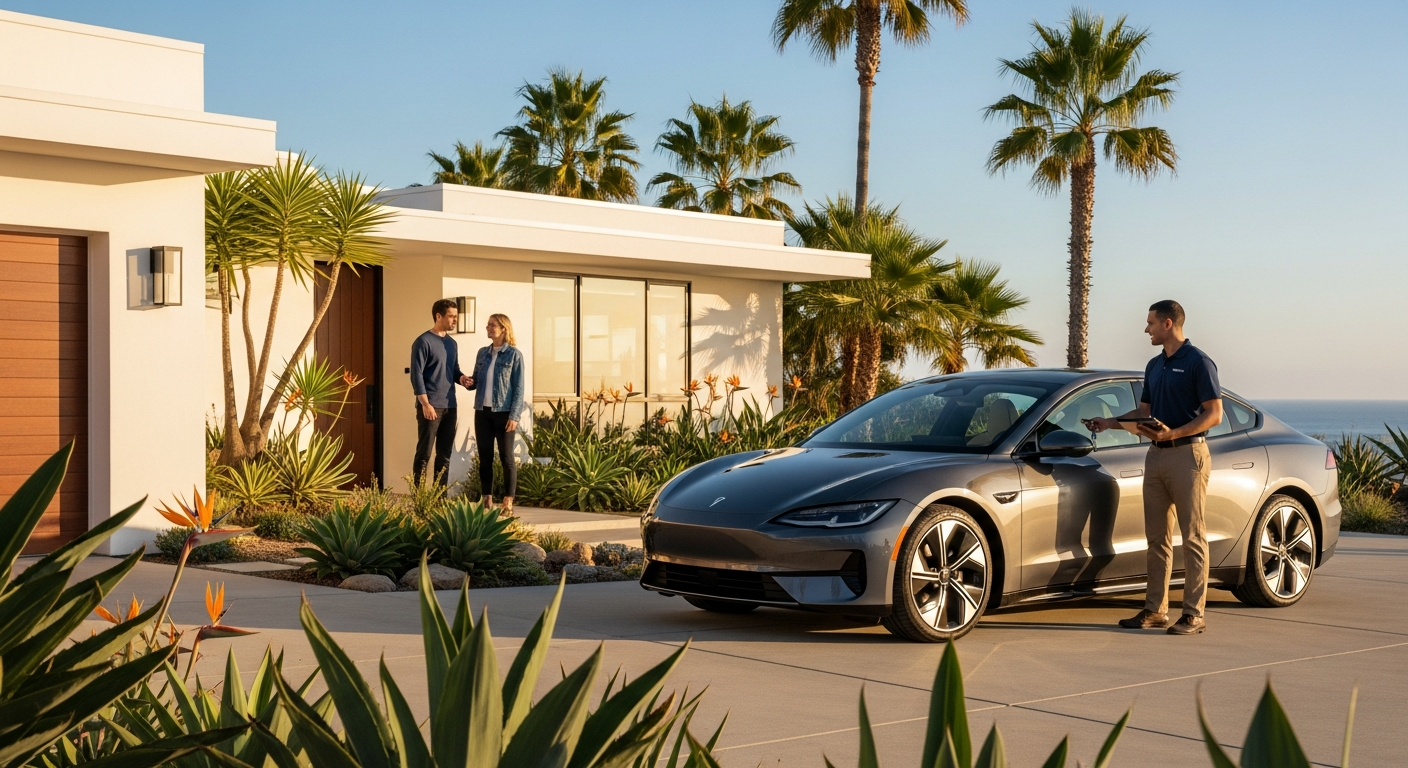 Modern car delivered to a home in San Diego, CA