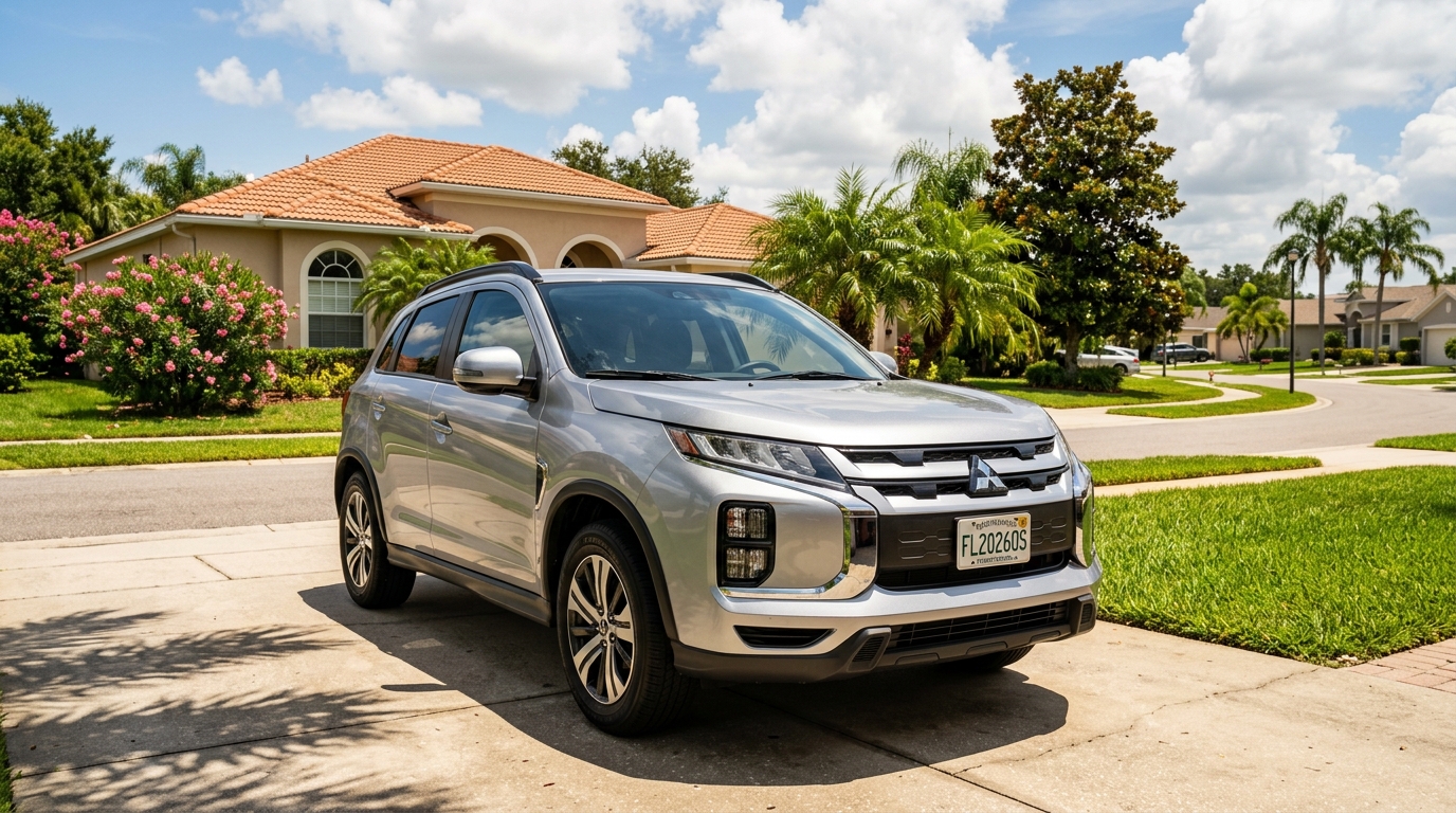 Silver Mitsubishi Outlander Sport parked in a suburban driveway on a sunny day.