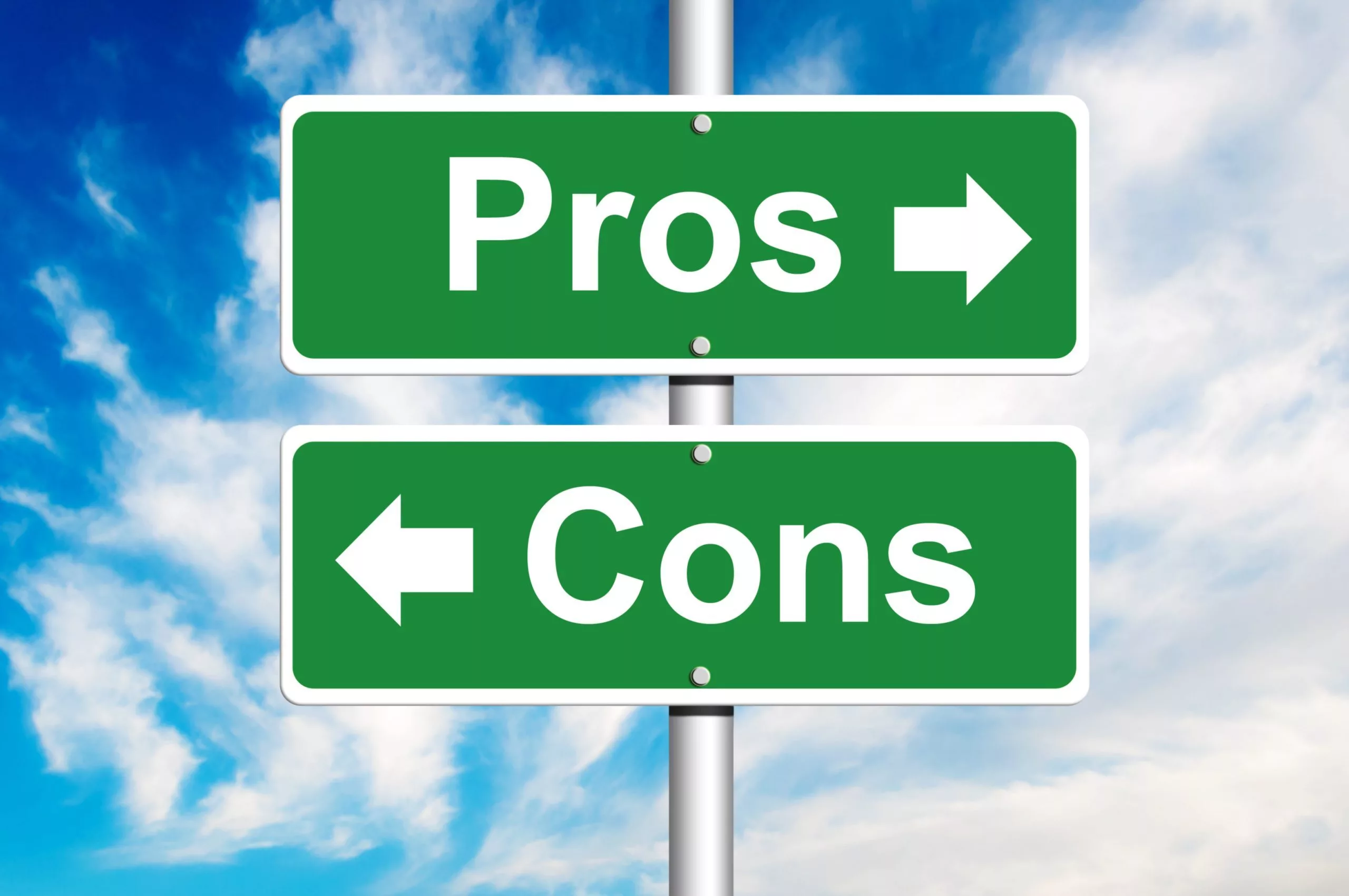 Green Road Sign, Top sign has an arrow pointing right with the word Pros, Bottom Half has an arrow pointing left next to the word Cons