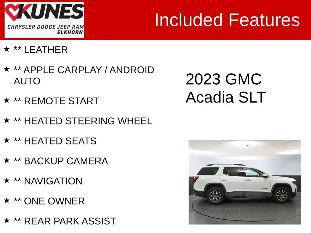 Used 2023 GMC Acadia SLT with VIN 1GKKNUL40PZ195060 for sale in Elkhorn, WI