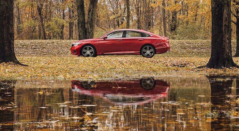 A red 2021 Honda Accord Hybrid is parked in the woods, near a lake after leaving a Honda dealer near Brockport.