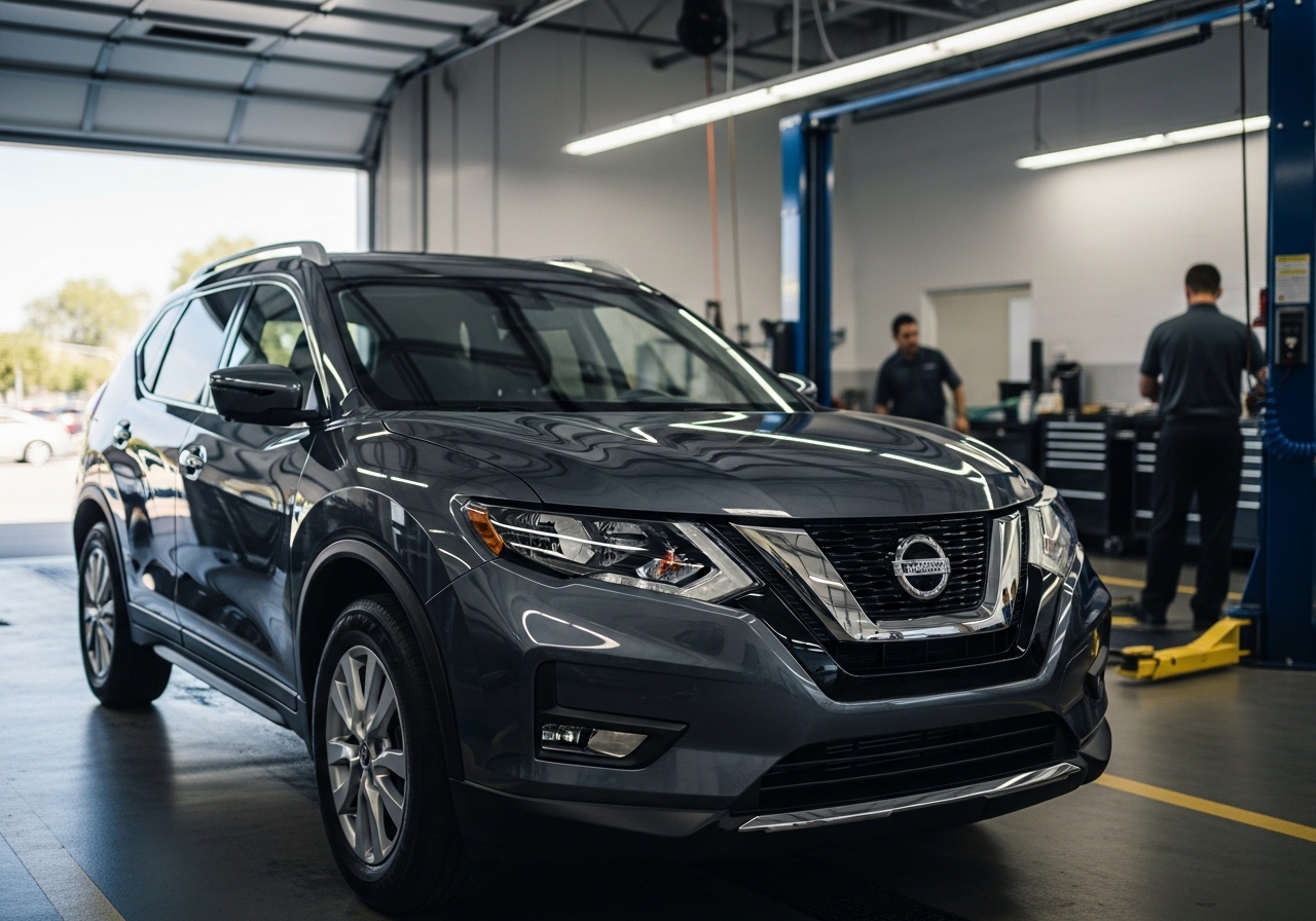 A Nissan Rogue parked in a dealership service bay, ready for maintenance.