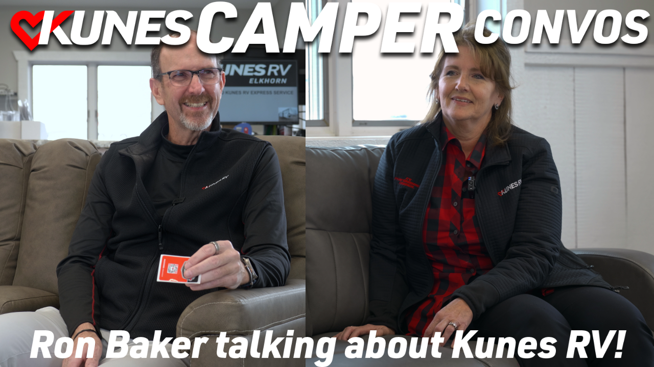 pictured left to rigth: Ron Baker, Chief of Opperations at Kunes RV, and Eileen Gailoretto, administrative assistant at Kunes RV.

Text reads: Kunes Camper Convos; Ron Baker talking about Kunes RV!