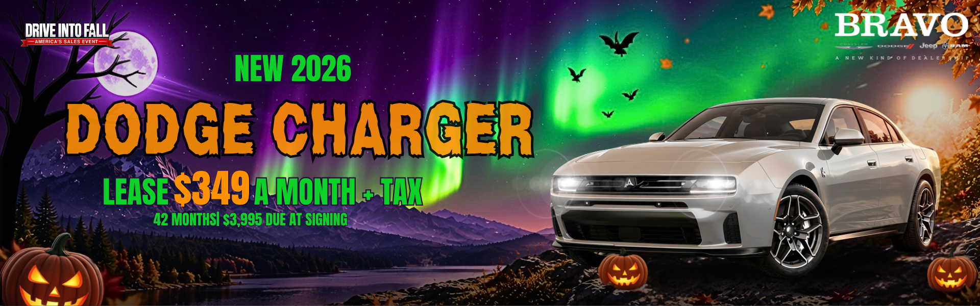 New 2026 Dodge Charger: lease for $349 a month plus tax for 42 months, $3,995 due at signing