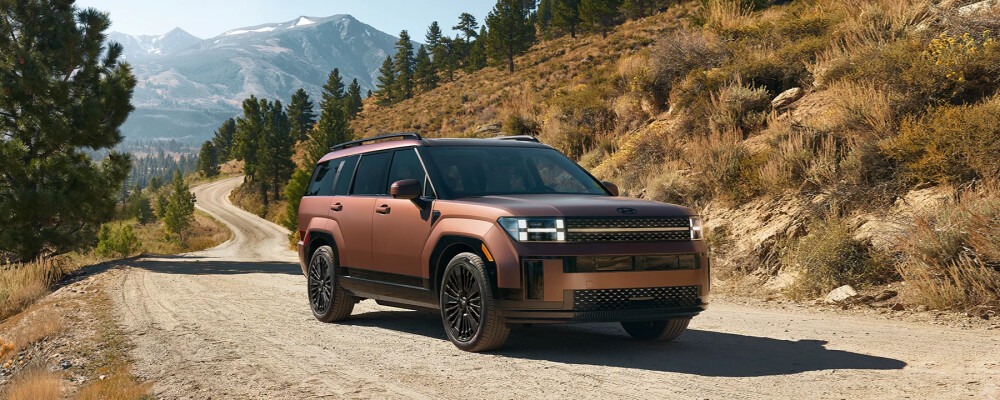 Bronze 2025 Hyundai Santa Fe Hybrid on a mountain dirt road