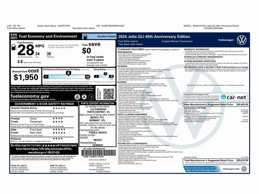 Used 2024 Volkswagen Jetta GLI 40th Anniversary Edition with VIN 3VW8T7BU9RM027045 for sale in Trooper, PA