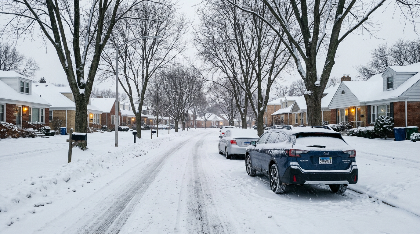 Snowy Chicago neighborhood street with parked cars and fresh plow banks
