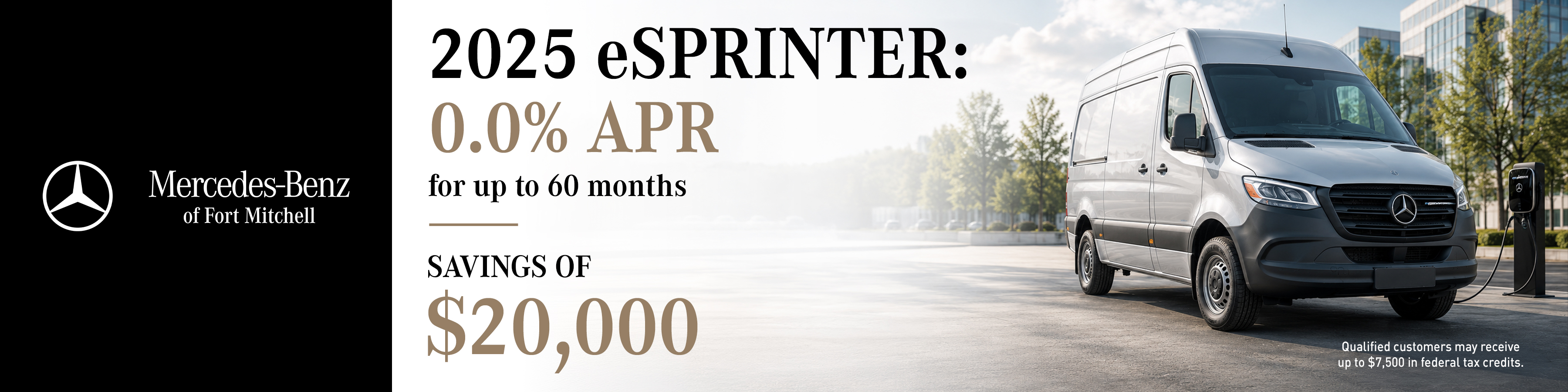 2025 Mercedes-Benz eSprinter electric cargo van with 0.0% APR financing for up to 60 months and $20,000 in customer cash savings at Mercedes-Benz of Fort Mitchell