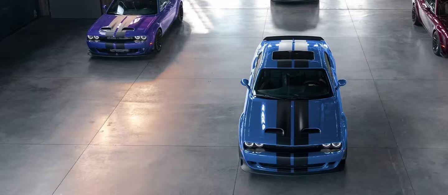 Two 2023 Challengers sitting in a showroom. One is blue with black stripe and the other is purple with black stripe.