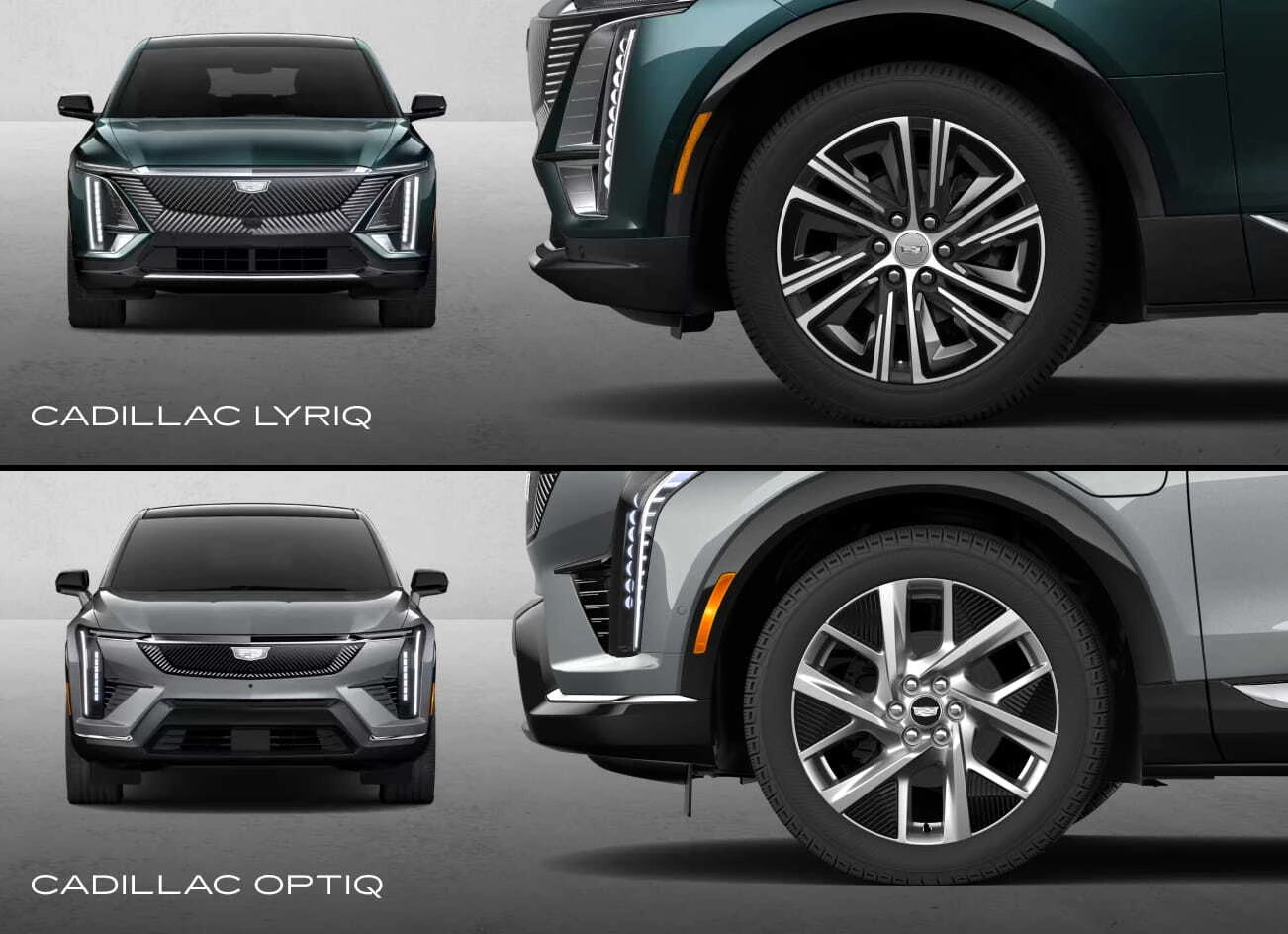Front and wheel detail views comparing the Cadillac LYRIQ and Cadillac OPTIQ.