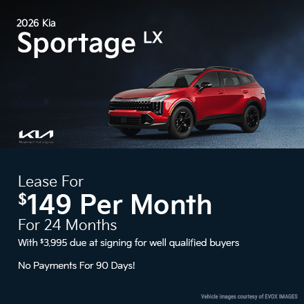 2026 Kia Sportage LX  Lease for $149 per month for 24 months with $3,995 due at signing for well qualified buyers 