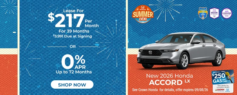 New 2026 Honda Accord LX Sedan Lease For $217 Per Month For 39 Months $3,991 Due At Signing Or 0% APR For Up To 72 Months