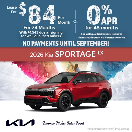 2026 Kia Sportage LX Lease for $84 per month with $4,543 due at signing for well qualified buyers  Or 0.0% APR for 48 months  For well qualified buyers. Requires financing through Kia Finance America