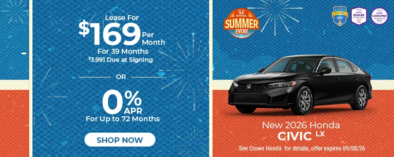 New 2026 Honda Civic LX Sedan Lease For $169 Per Month For 39 Months $3,991 Due At Signing Or 0% APR For Up To 72 Months