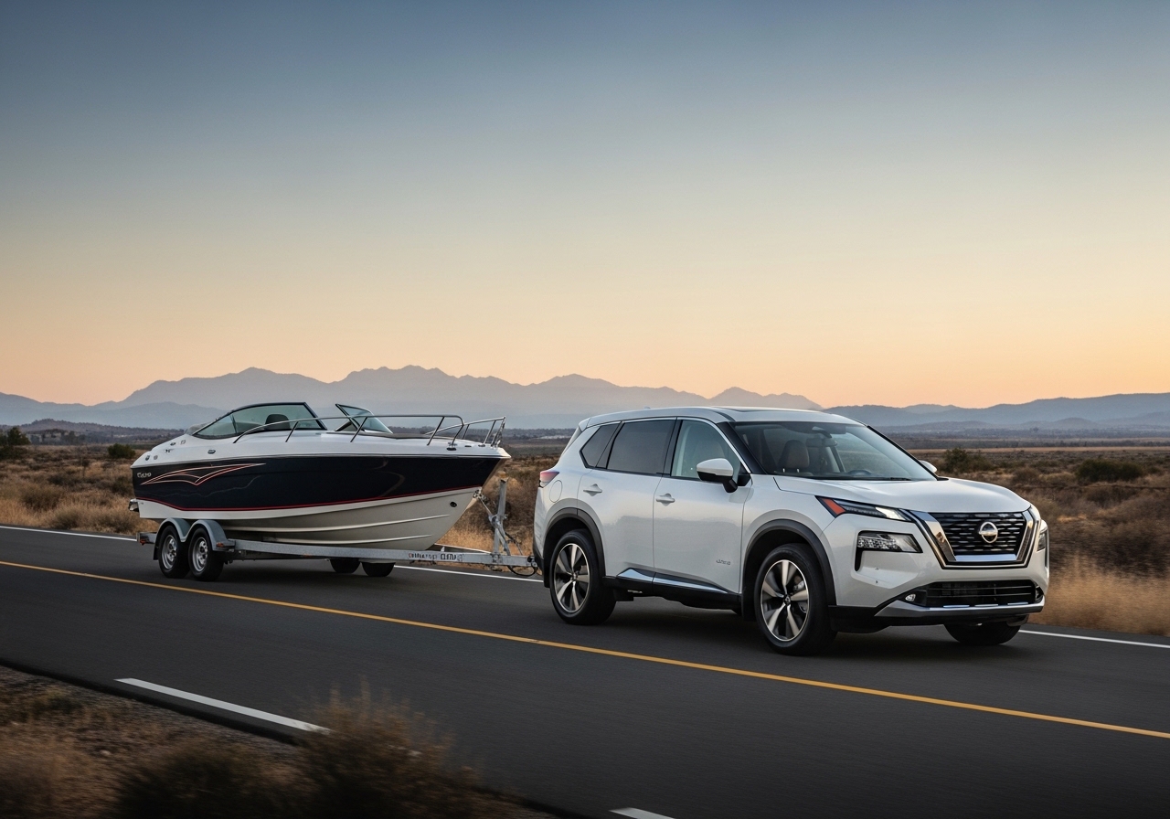 2026 Nissan Pathfinder towing a boat on a scenic road