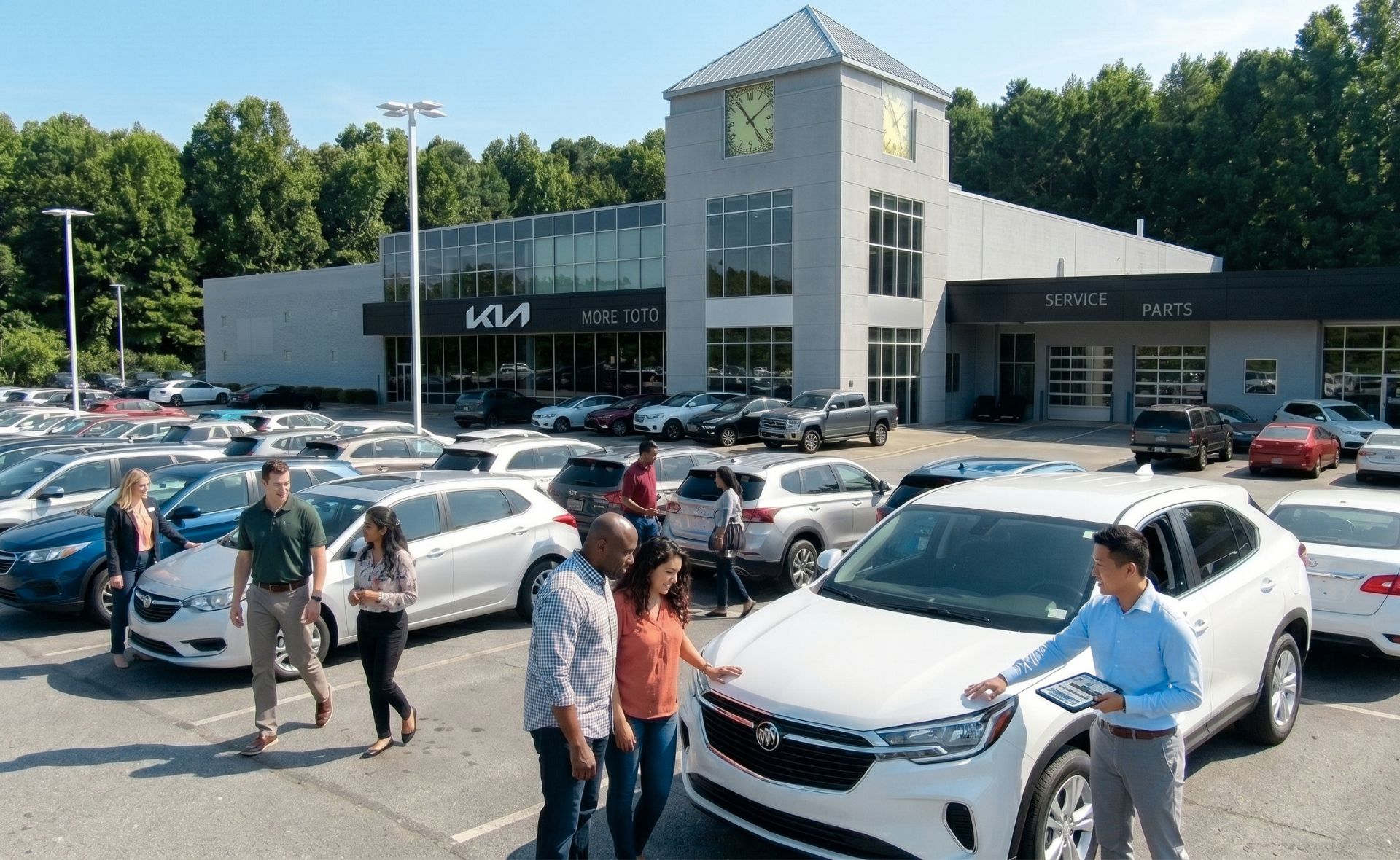 A high-angle view of a busy outdoor car dealership lot in Raleigh, showing a salesperson demonstrating a white Buick SUV to a couple in the foreground while other shoppers browse vehicles in front of a dealership building featuring a central clock tower and service bays.