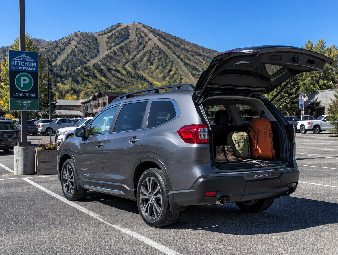 2027 Subaru Ascent with open liftgate at a Ketchum Idaho public parking lot, Bald Mountain in the background