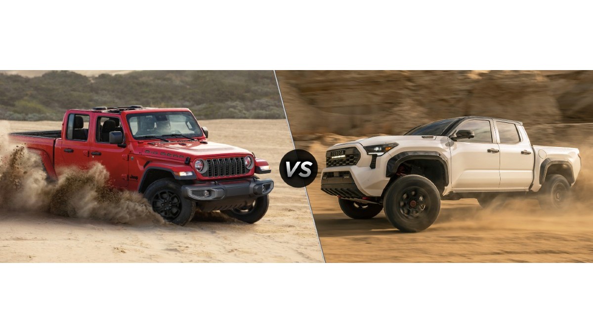2025 Jeep Gladiator vs Toyota Tacoma TRD Pro Exterior Front Profiles in Sand