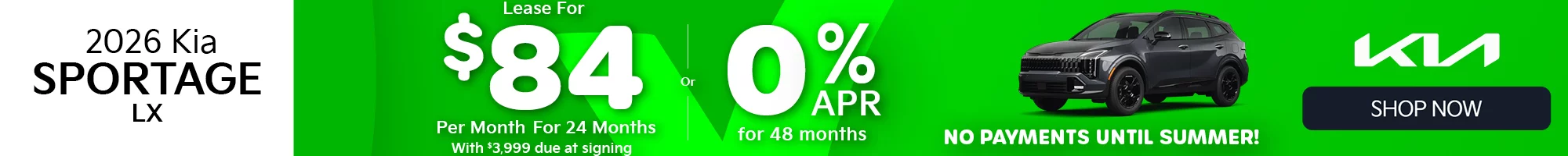 2026 Kia Sportage LX Lease for $84 per month with $3,999 due at signing Or 0.0% APR for 48 months