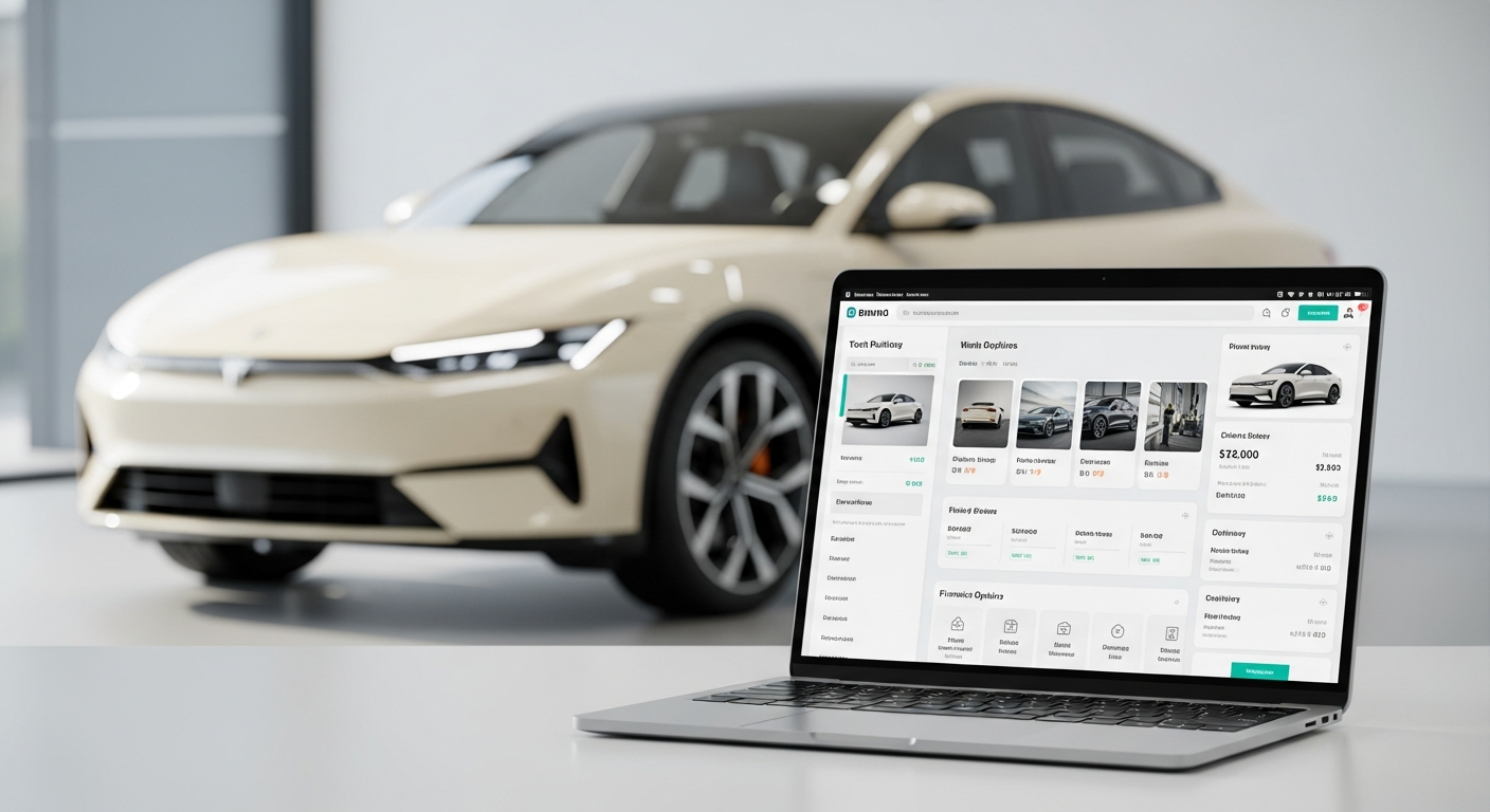 Online car buying on a laptop with a sleek vehicle in the background